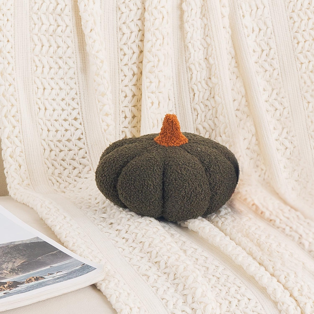 HOKIPO Pumpkin Shaped Plush Cushion for Autumn Decor, 19 cm, Olive Green