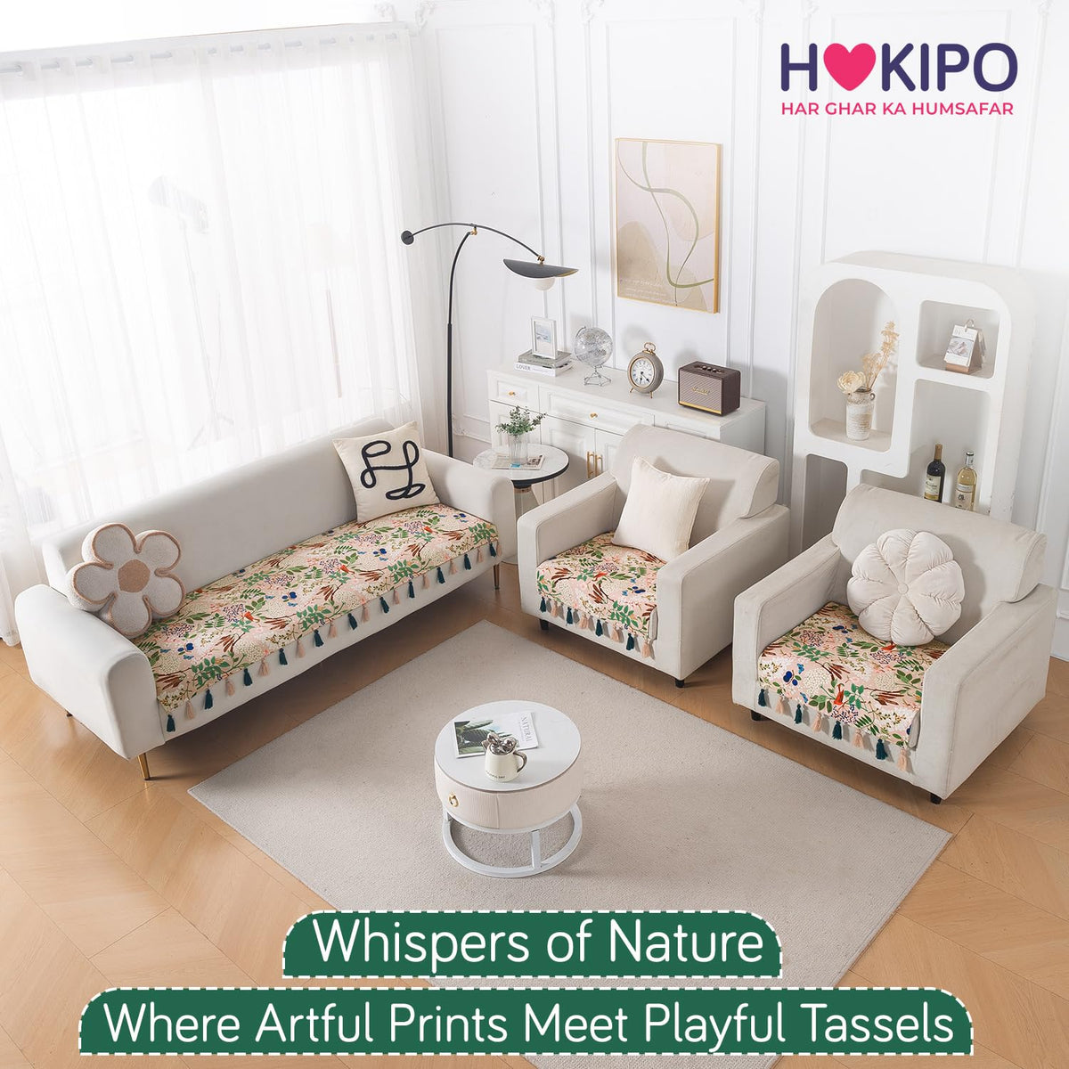 'Whispers of Nature' Series Holland Velvet Sofa Seat Mat with Tassel, Beige Woodland Bloom