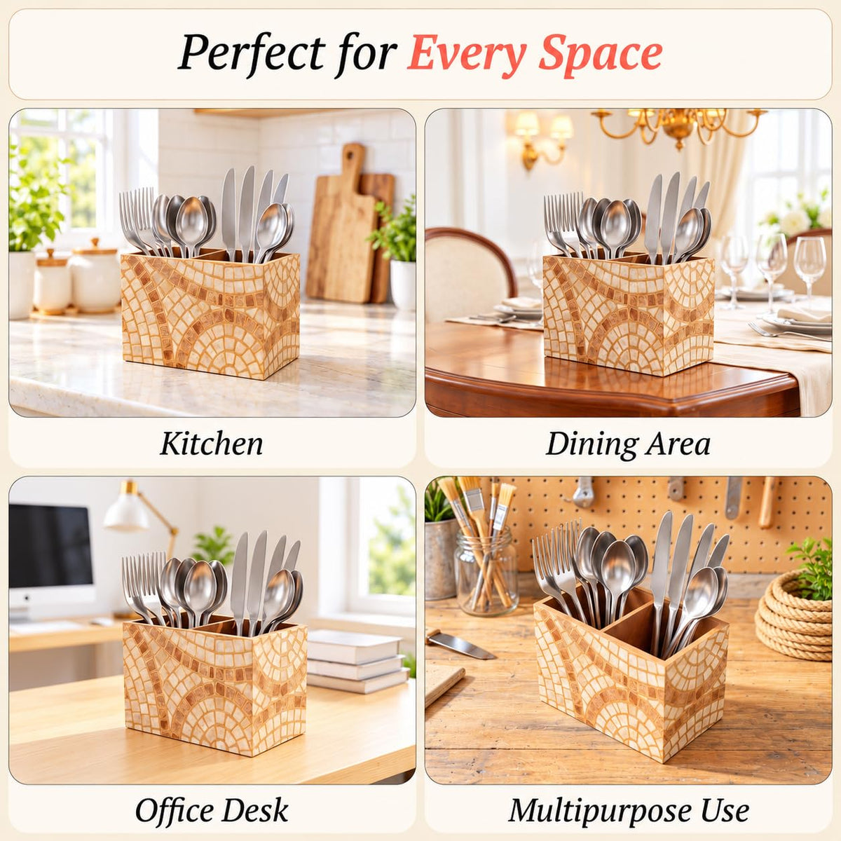HOKIPO Cutlery Holder for Dining Table, Engineered Wood, Meher Mosaic - image 4