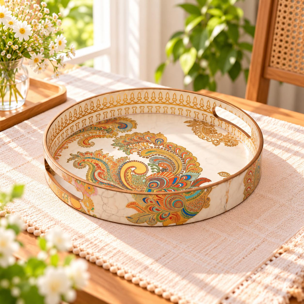 HOKIPO Round Serving Tray 12 in, Engineered Wood, Moroccan Prism - image 13