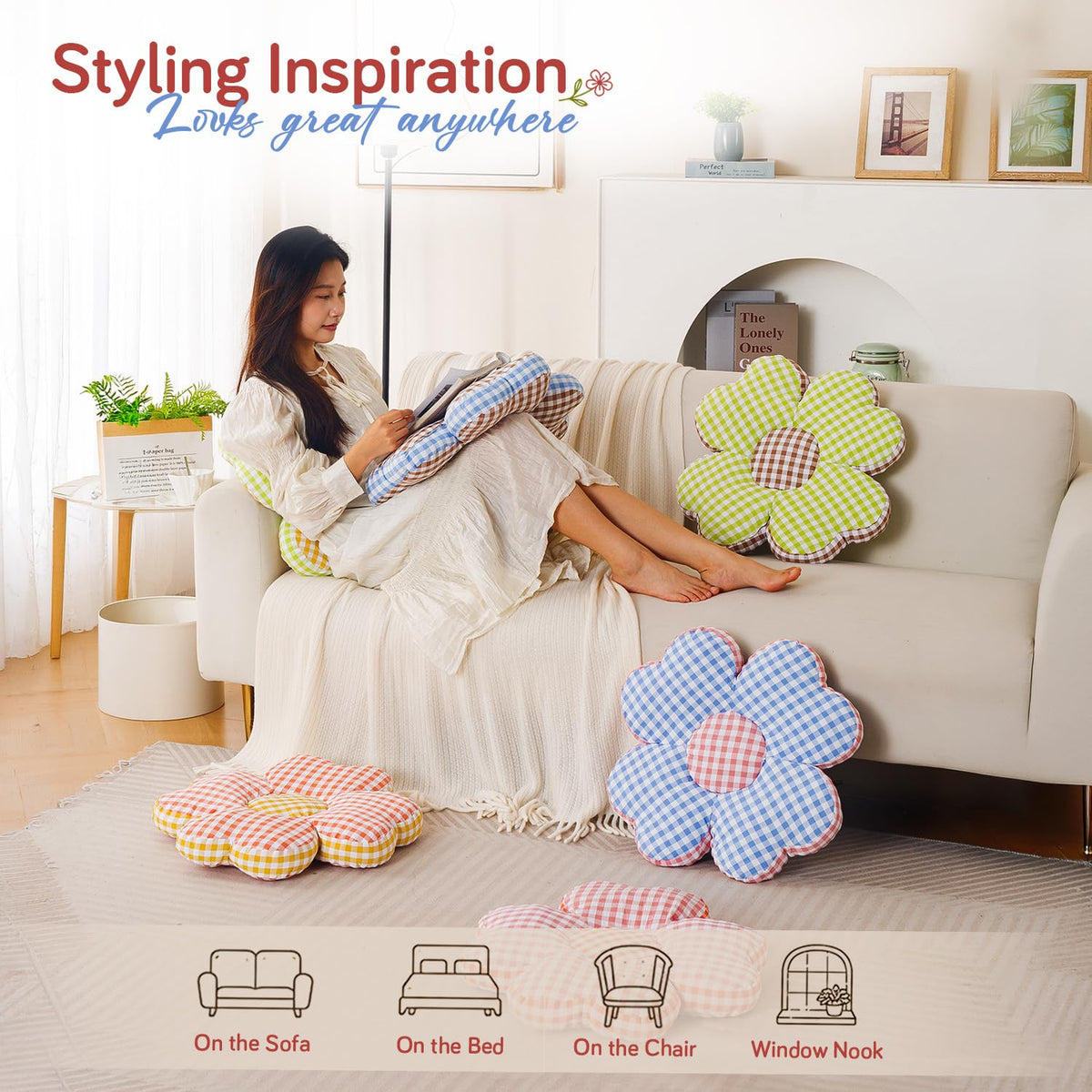 HOKIPO Checkered Daisy Flower Cushion for Sofa & Bed, 49 cm, Blue
