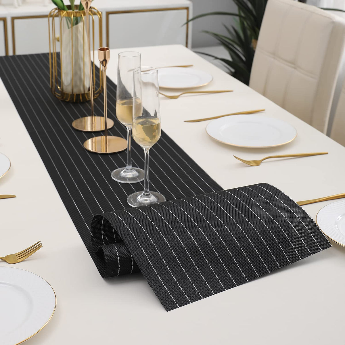PVC Table Runner, Striped Black