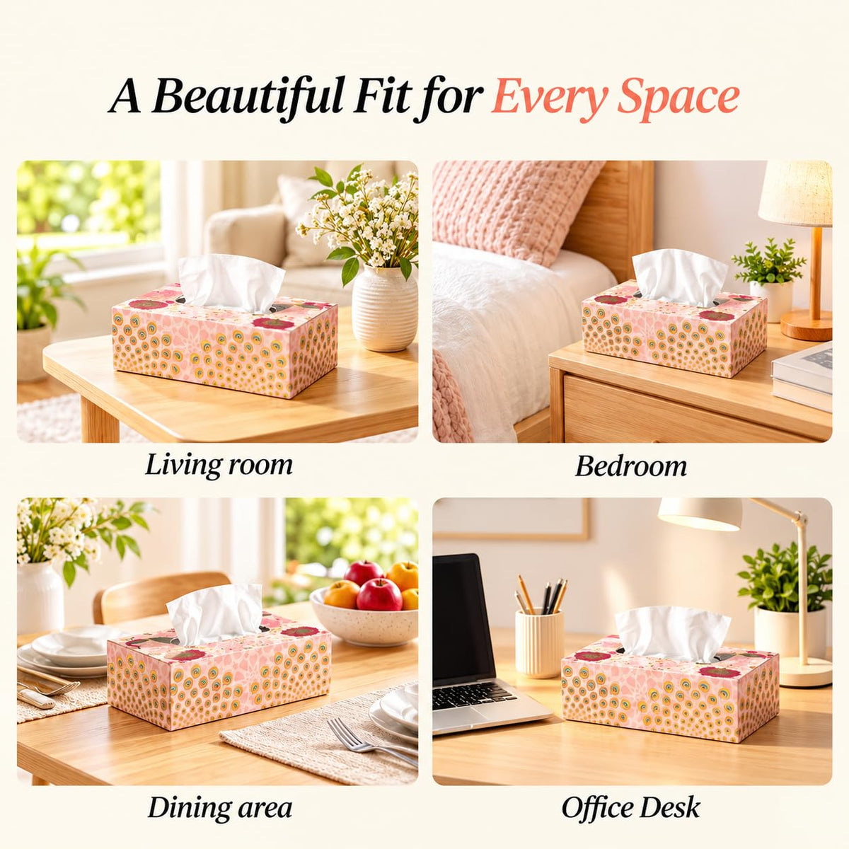 HOKIPO Tissue Box Holder, Rectangle, Engineered Wood, Gulabi Mayurvan - image 2