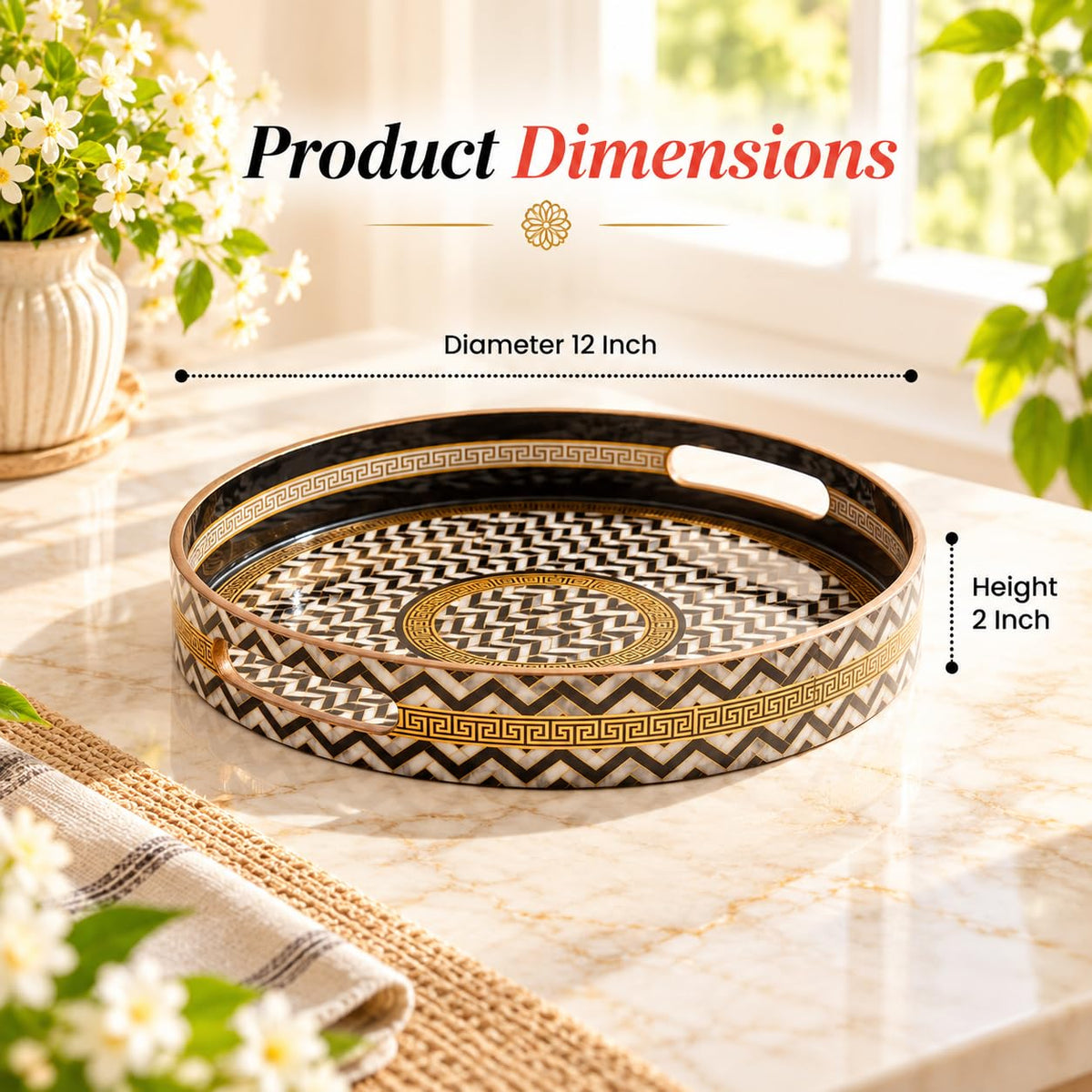 HOKIPO Round Serving Tray 12 in, Engineered Wood, Noir Chevron - image 6