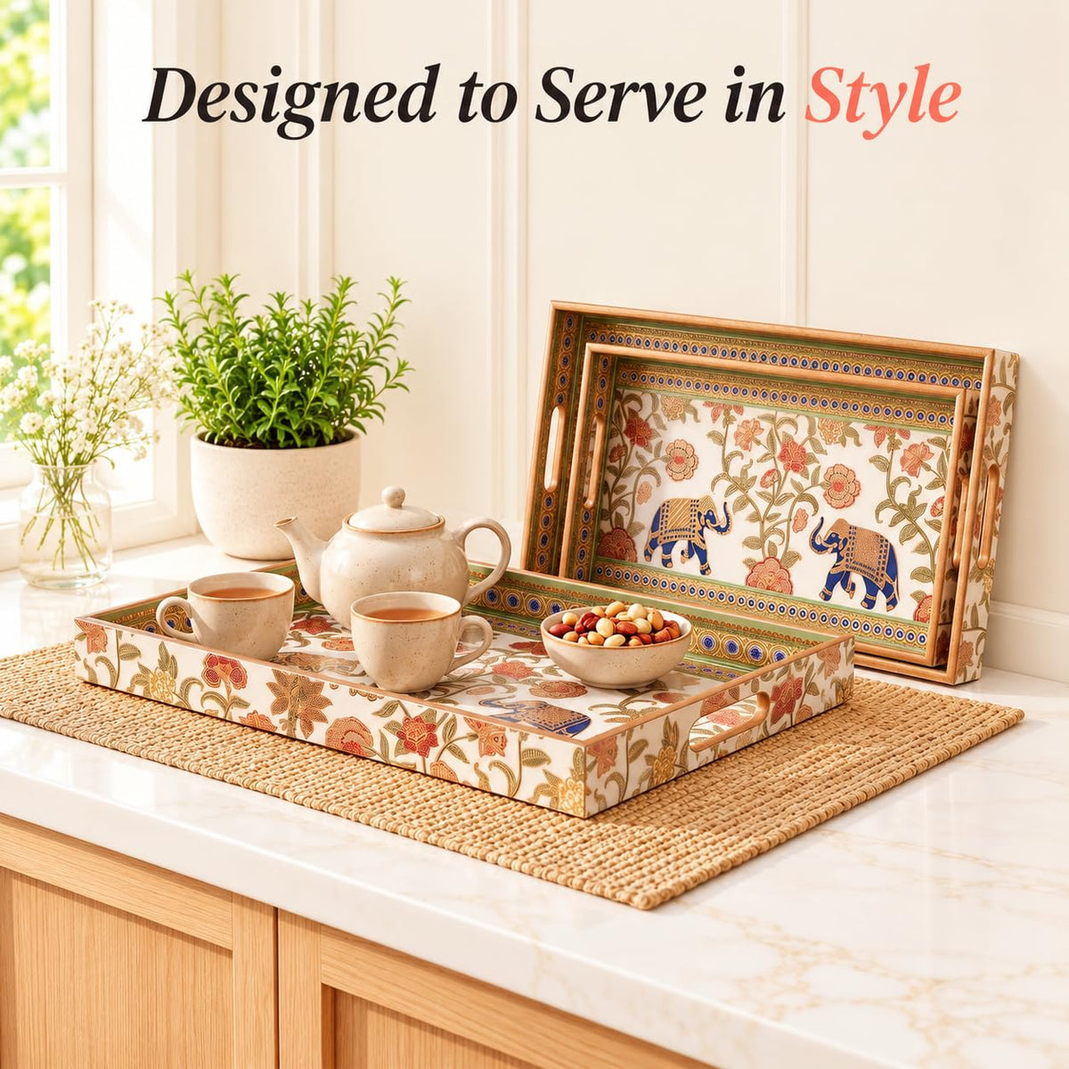 HOKIPO Serving Tray Set of 3, Engineered Wood, Royal Gulistaan - image 3