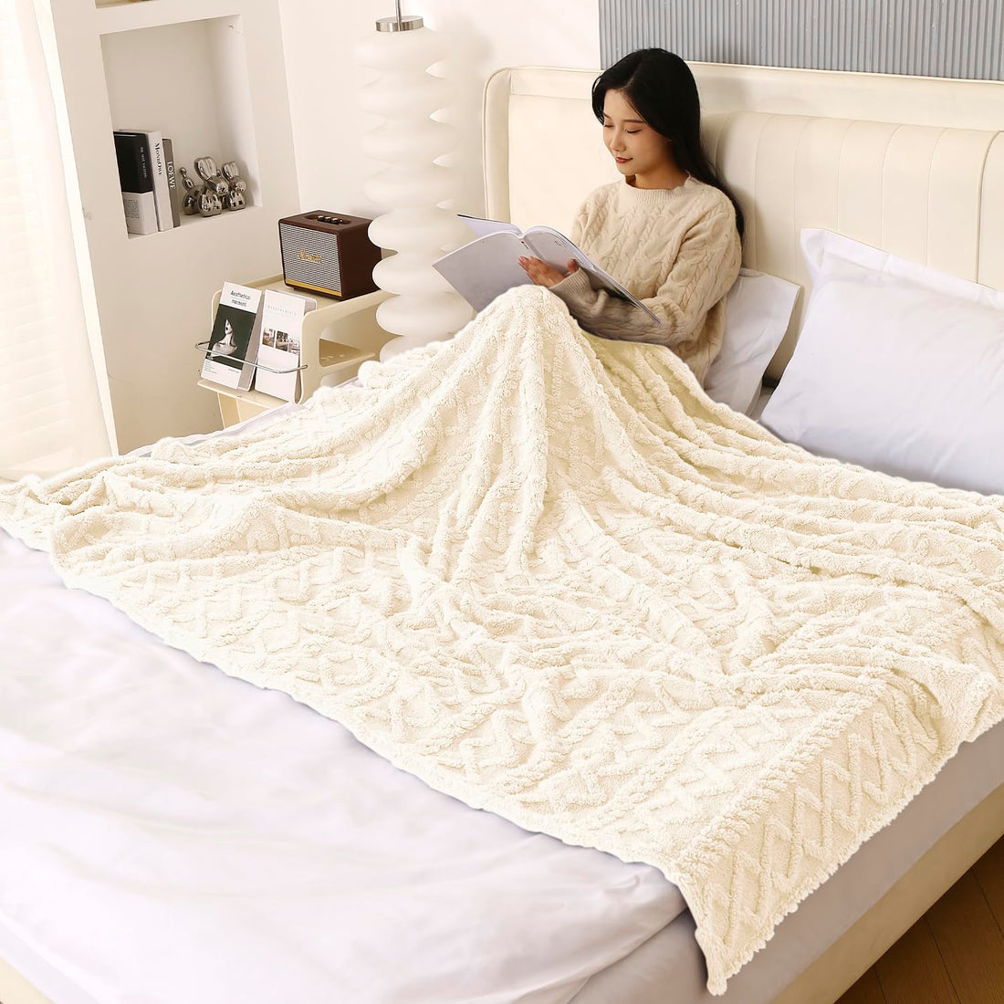 220 GSM Flannel AC Throw Blanket Double Bed Queen, 200x230 cm / 6.5x7.5 feet, Cream