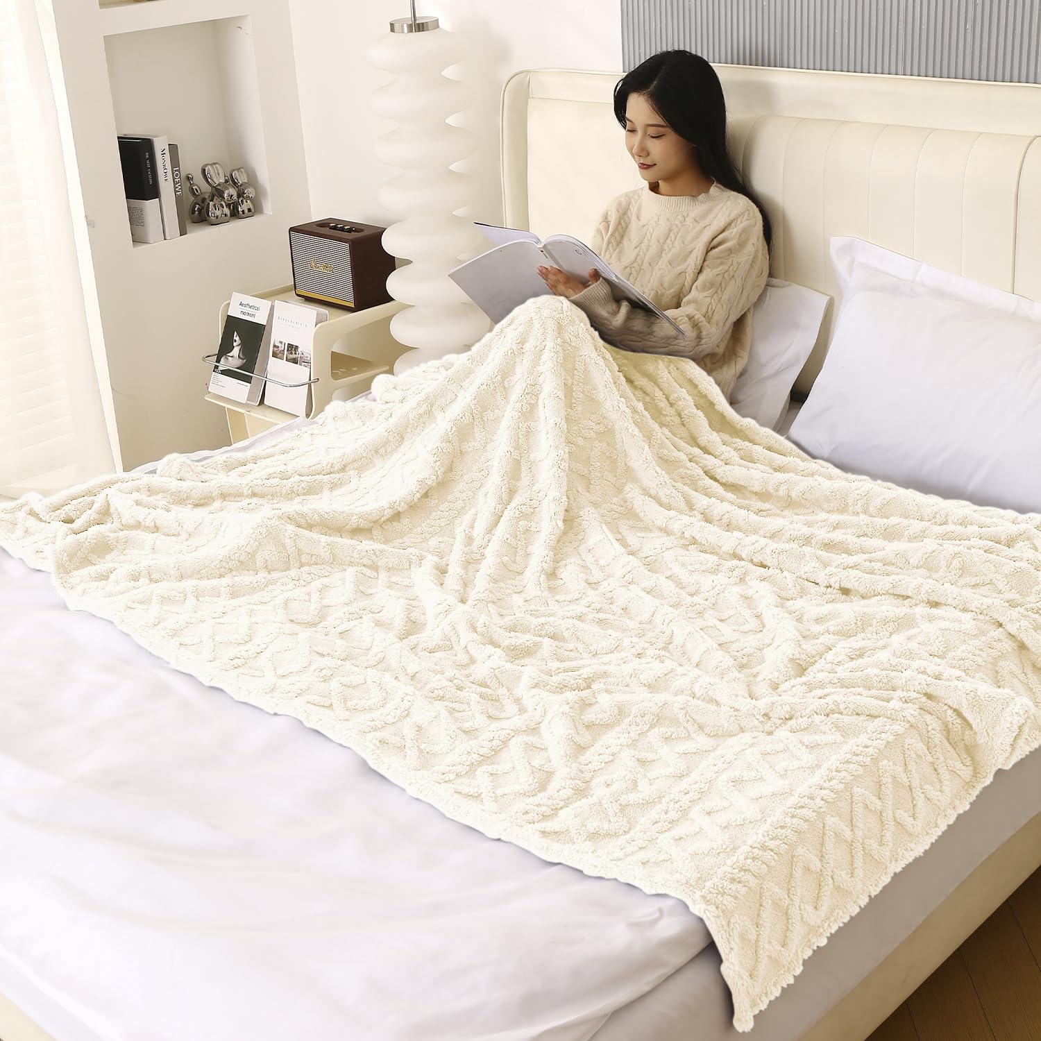 220 GSM Flannel AC Throw Blanket Double Bed Queen, 200x230 cm / 6.5x7.5 feet, Cream