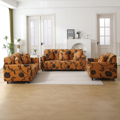 Elastic Stretchable Printed 140gsm Fully Covered Sofa Cover, Copper Brown Floral