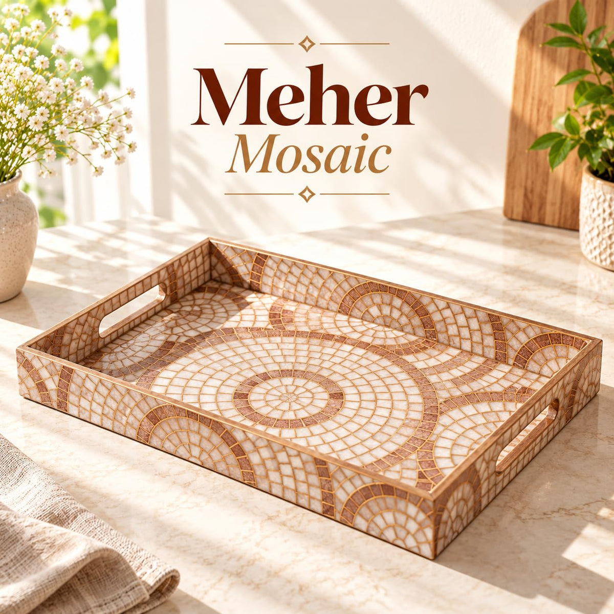 HOKIPO Serving Tray Set of 3, Engineered Wood, Meher Mosaic - image 2