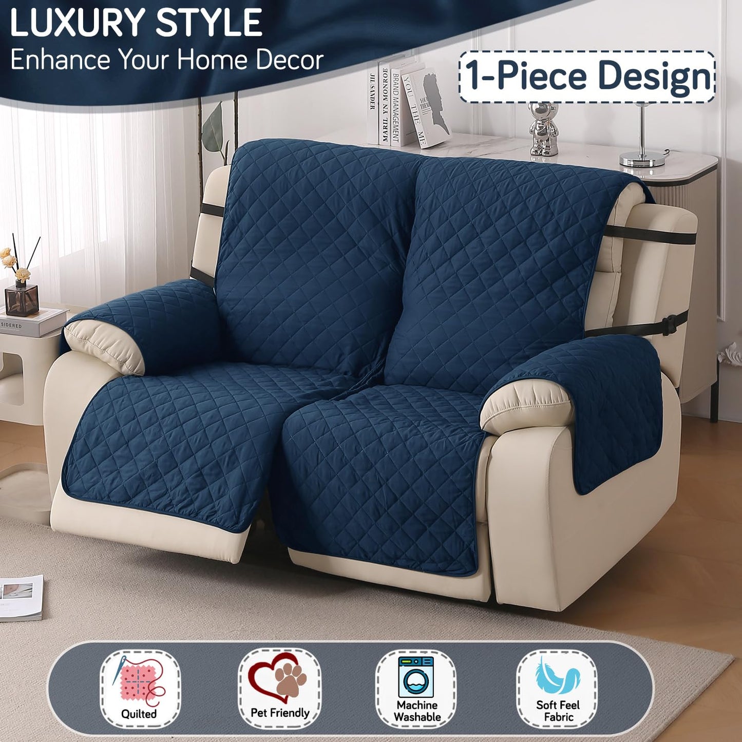 UrbanQuilt Recliner Sofa Slipcover Mat with Dual Belt for 1/2/3 Seater - Navy Blue