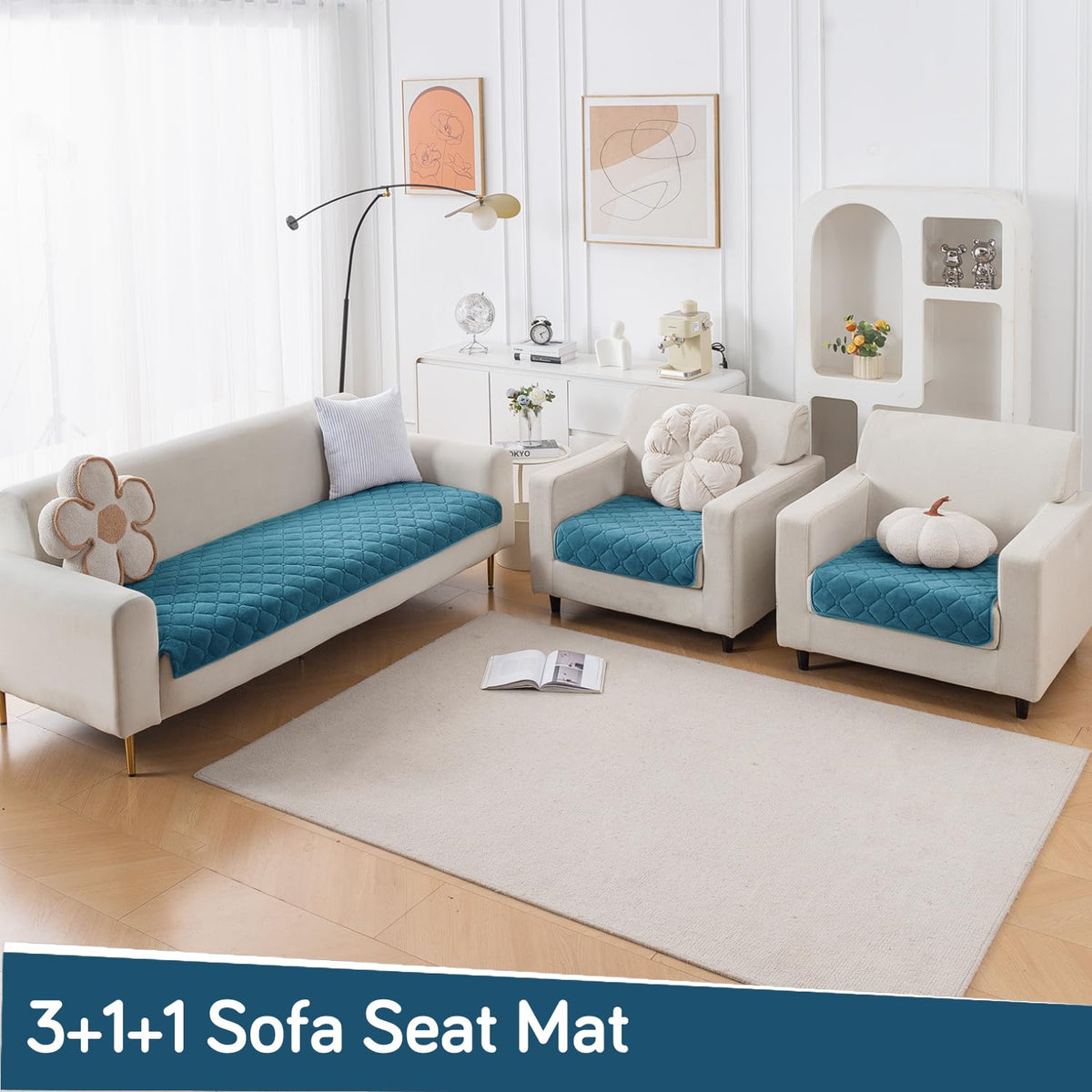 Diamond Tuft Quilted 5-Seater Sofa Mat (3+1+1), Anti-Slip, Dusty Teal