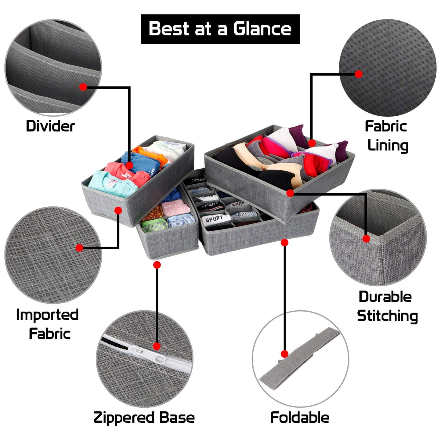 Multi Compartment Undergarments Organiser, Drawer Divider for Underwear, Lingerie, Bras, Socks, Ties, 6/7/ 8/24 Cells, 4 Piece Set, Grey