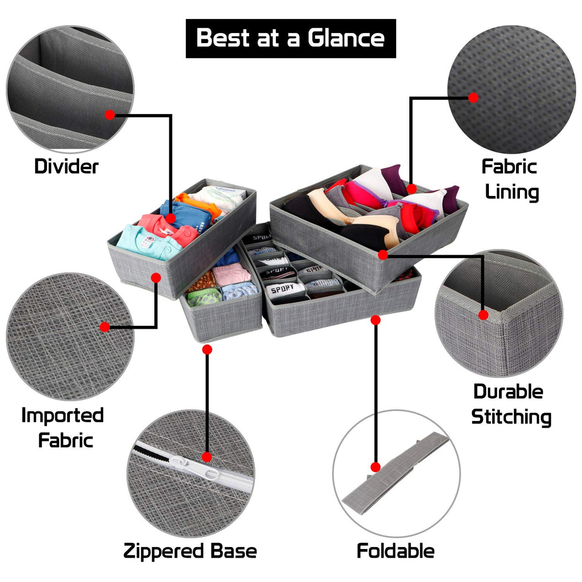 Multi Compartment Undergarments Organiser, Drawer Divider for Underwear, Lingerie, Bras, Socks, Ties, 6/7/ 8/24 Cells, 4 Piece Set, Grey