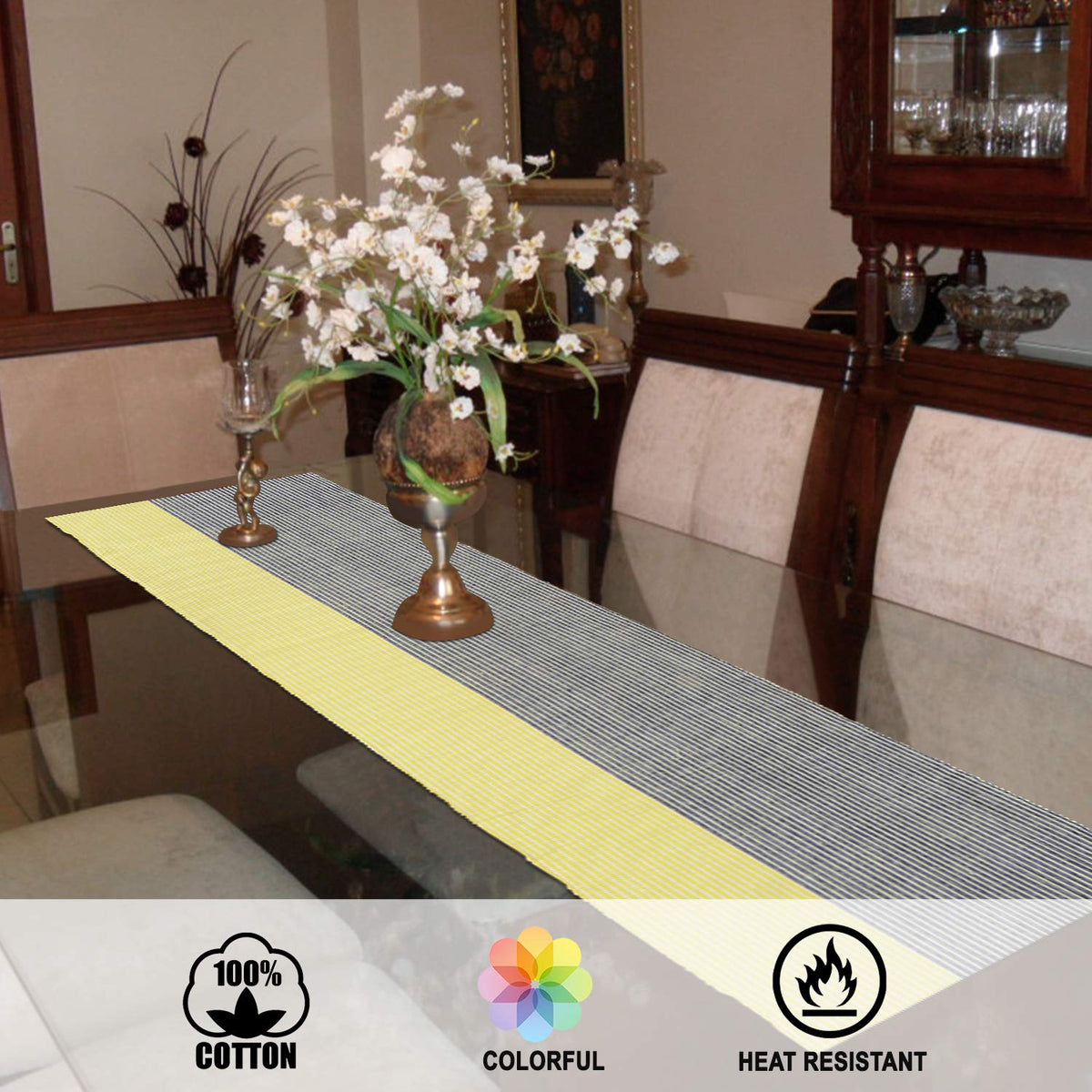 Buy Yellow Colour Heat Resistant Eco-friendly Cotton Ribbed Dining Table Runner | HOKIPO