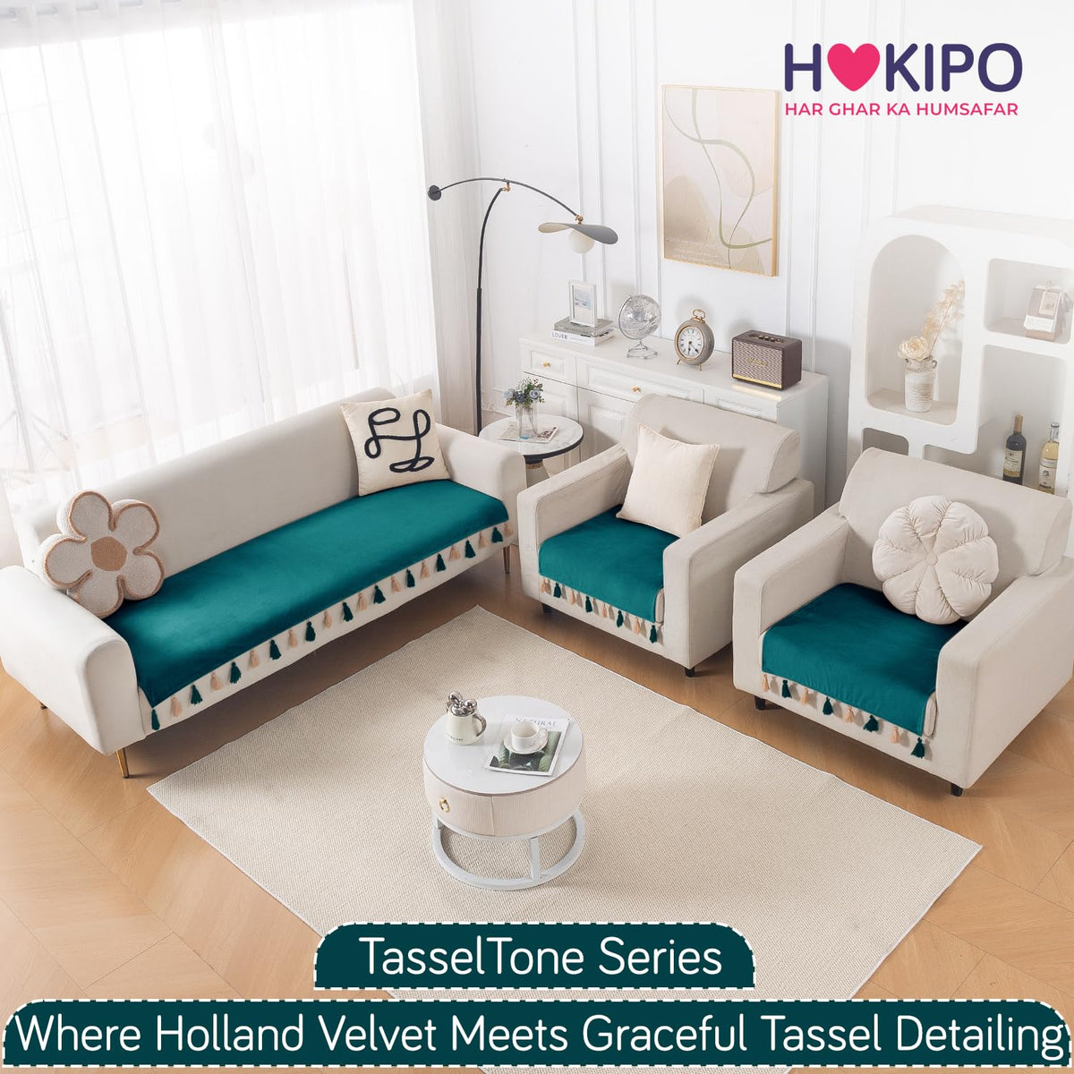 Premium Holland Velvet 5-Seater Sofa Cover (3+1+1), TasselTone Series | Teal