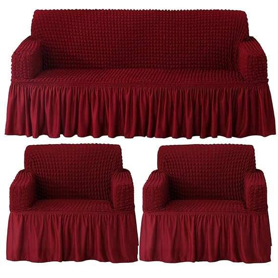 Cherry Red Elastic Turkish Bubble Frill sofa cover for 3+1+1 seater​ sofa set