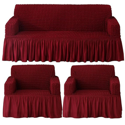 Cherry Red Elastic Turkish Bubble Frill sofa cover for 3+1+1 seater​ sofa set