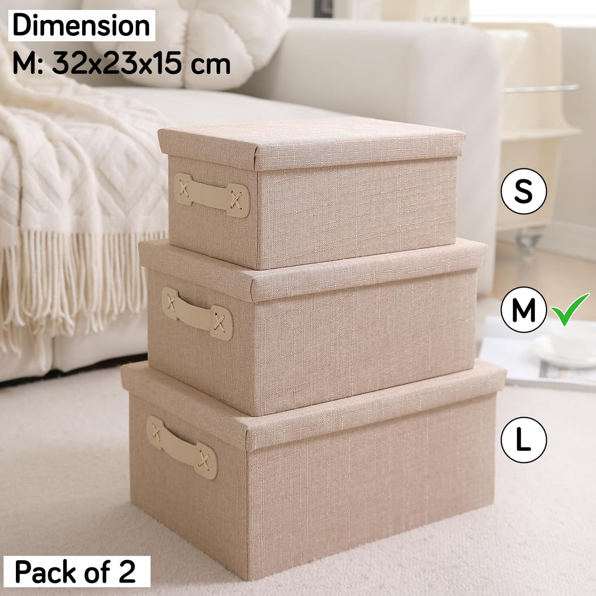Organisers Storage Box with Lid, Beige, Pack of 2