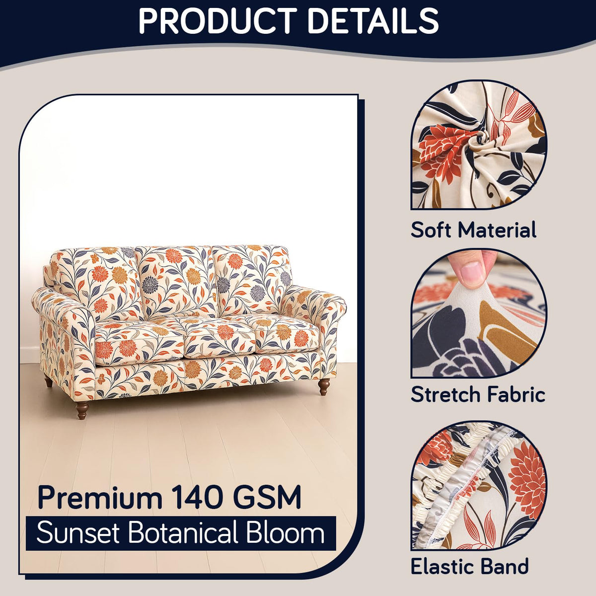 Printed Stretchable Sofa Slipcover with 1/2/3 Pc Separate Seat Cushion Cover for each 1/2/3 Seater, Sunset Botanical Bloom
