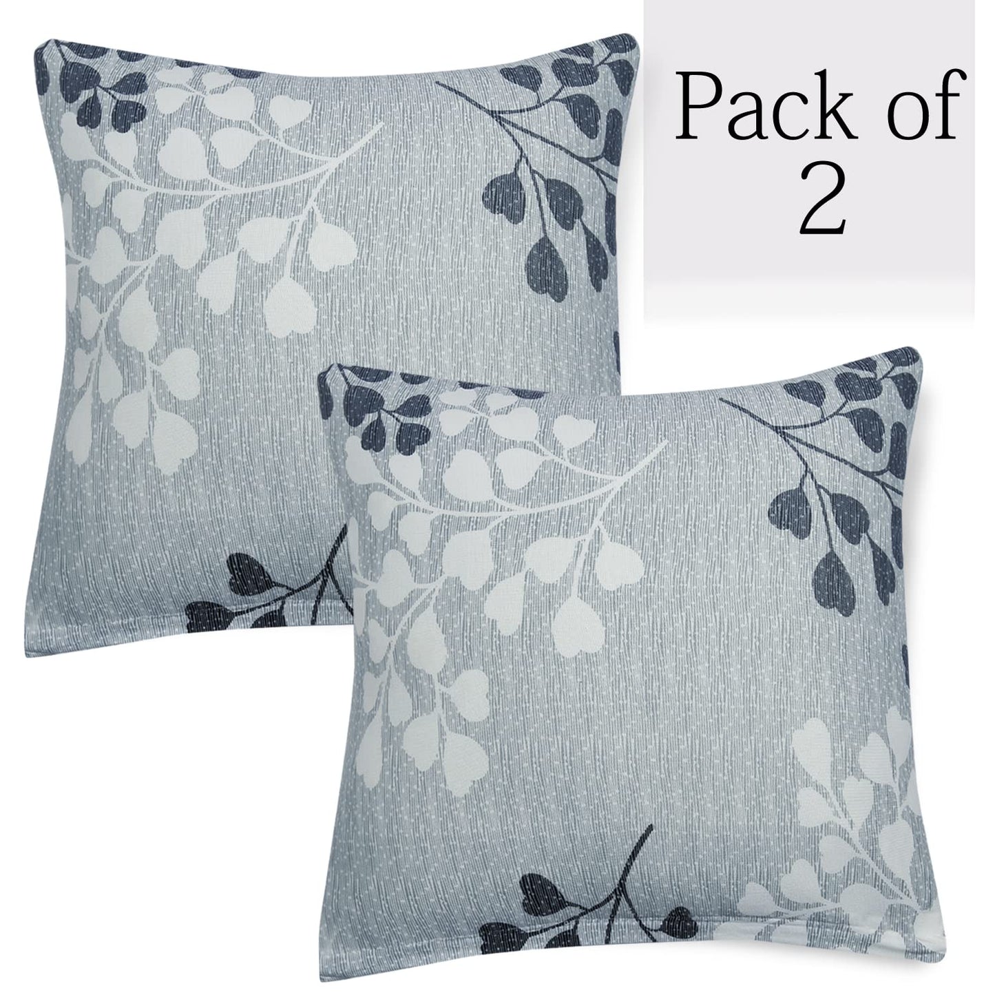 HOKIPO Stretchable Pack of 2 Cushion Cover 16x16, Grey Leaves
