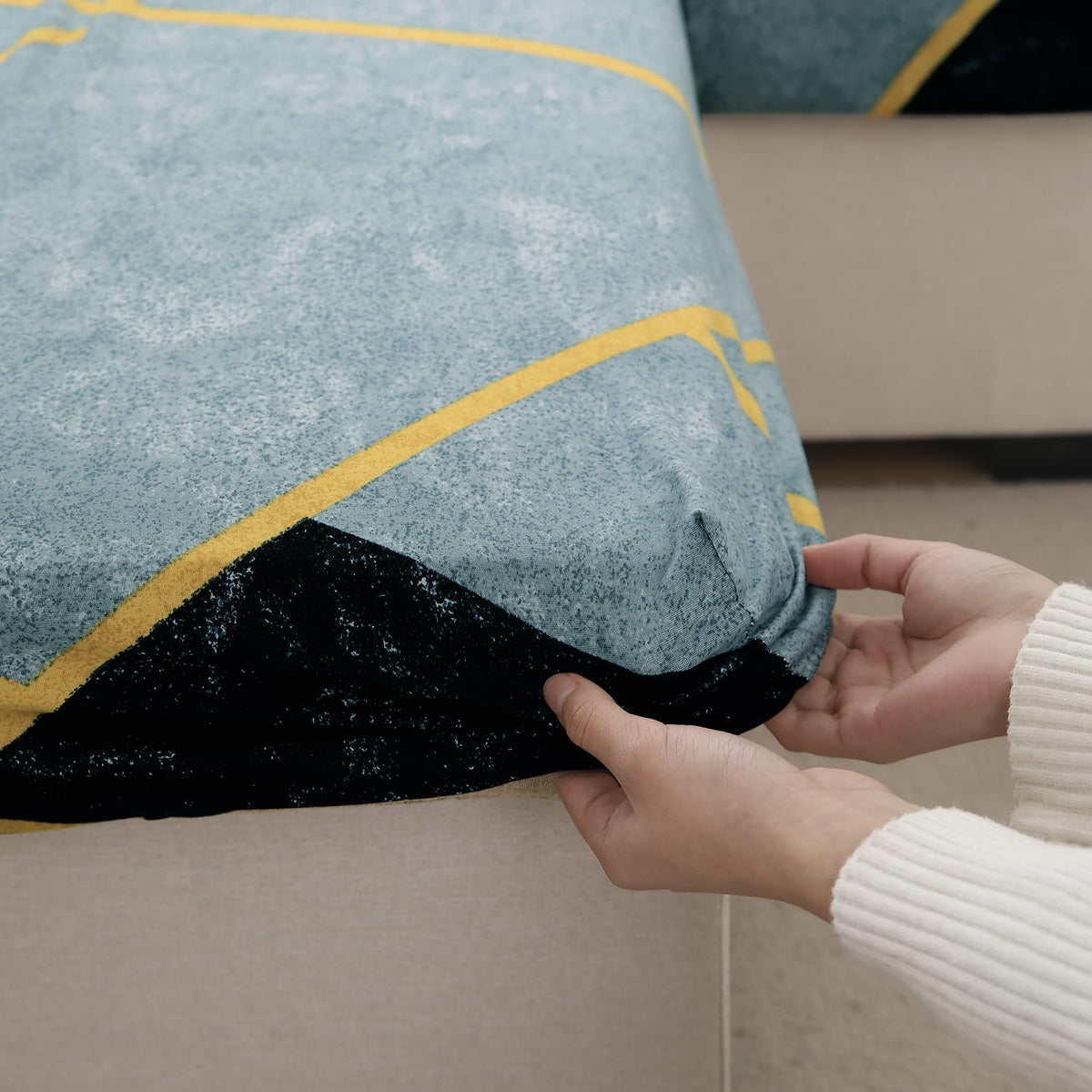 140 GSM Stretchable Printed Elastic Sofa Cushion Seat Cover for 1 /2 /3 Seaters / Pieces for Sofa, Multicolor Abstract Geometry