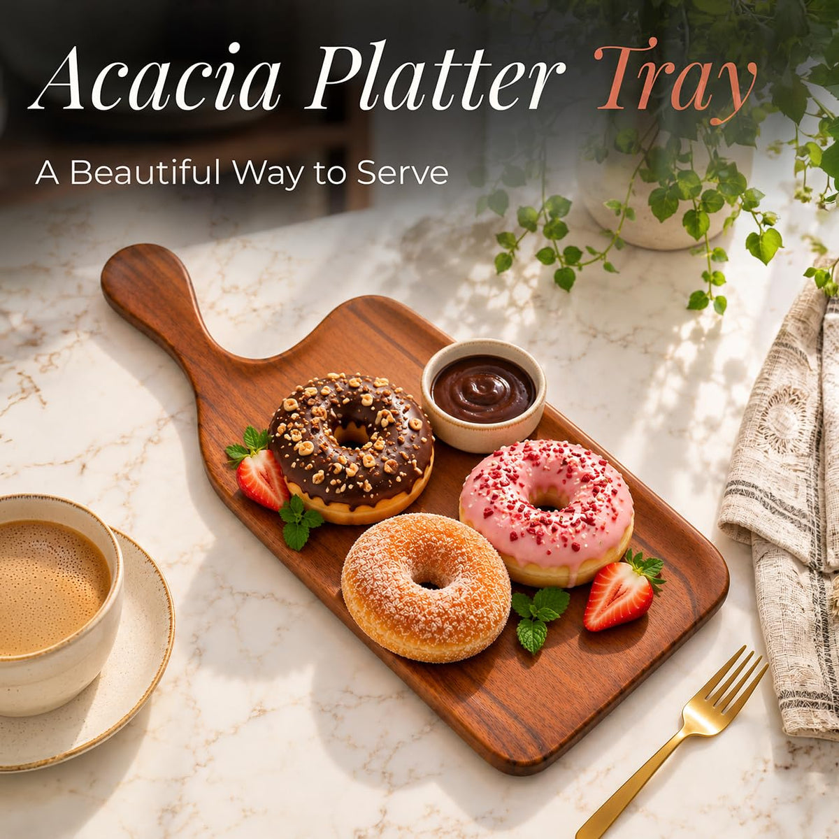 HOKIPO Arbor Acacia Wood Serving Board with Handle, Platter, 42 x 19.5 cm - image 2