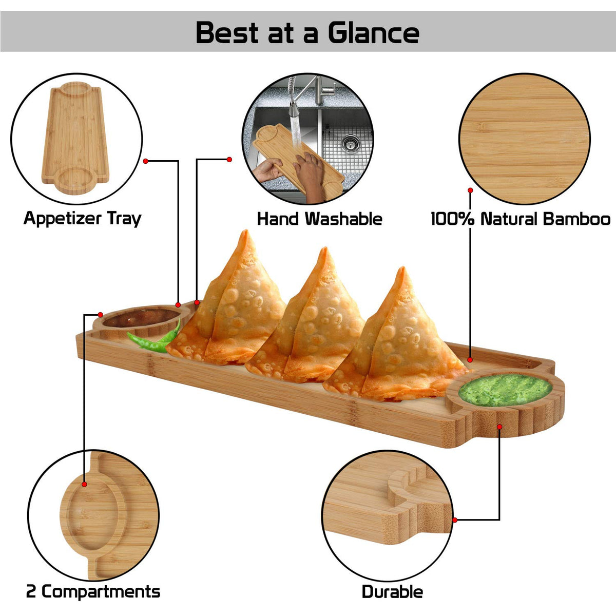 Buy Wooden Bamboo Snack Serving Tray with 2 Chutney or Dips Bowl