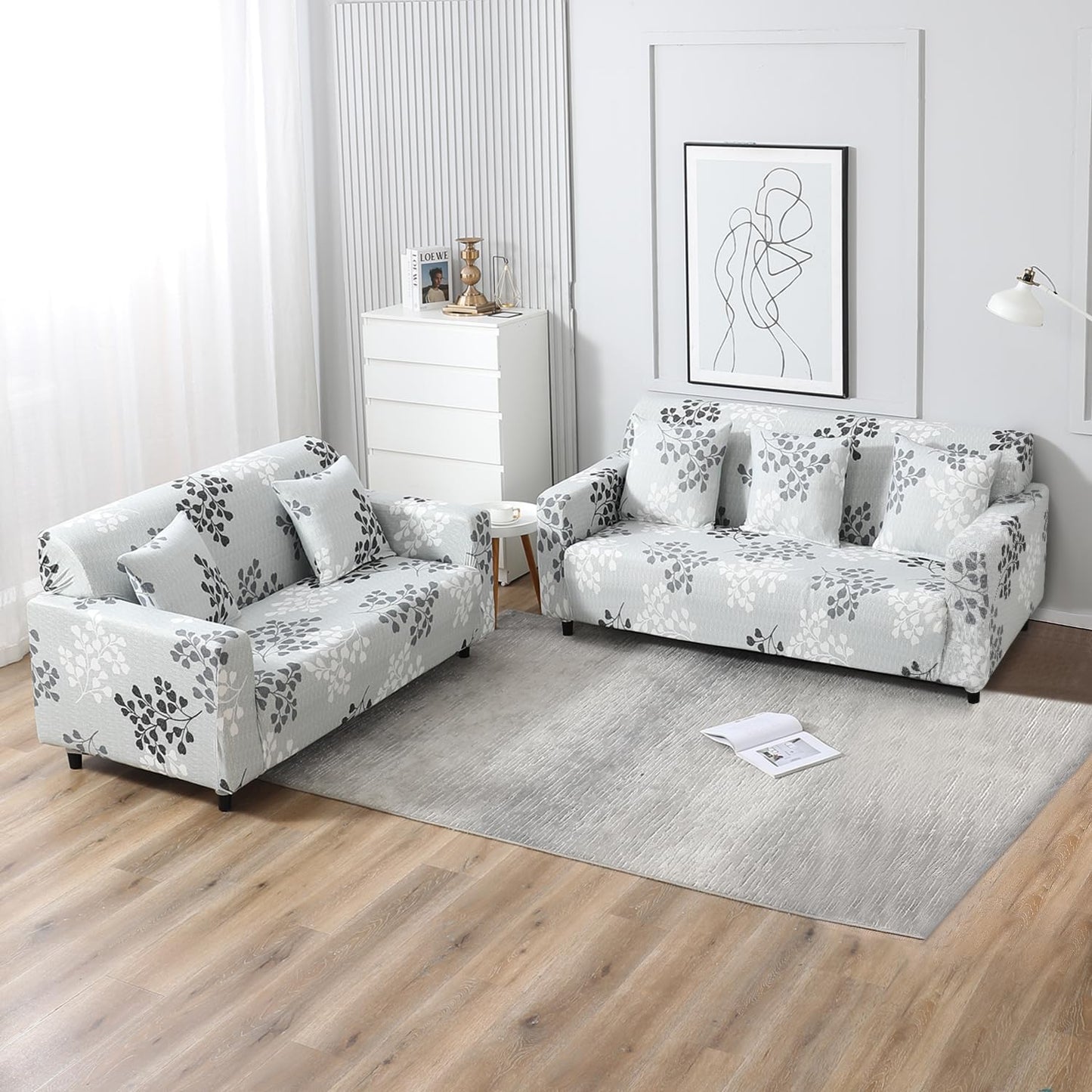 Elastic Stretchable Printed Sofa Cover, Grey Leaves