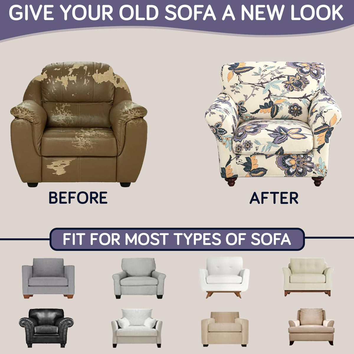 Printed Stretchable Sofa Slipcover with 1/2/3 Pc Separate Seat Cushion Cover for each 1/2/3 Seater, Cream Majestic Flora