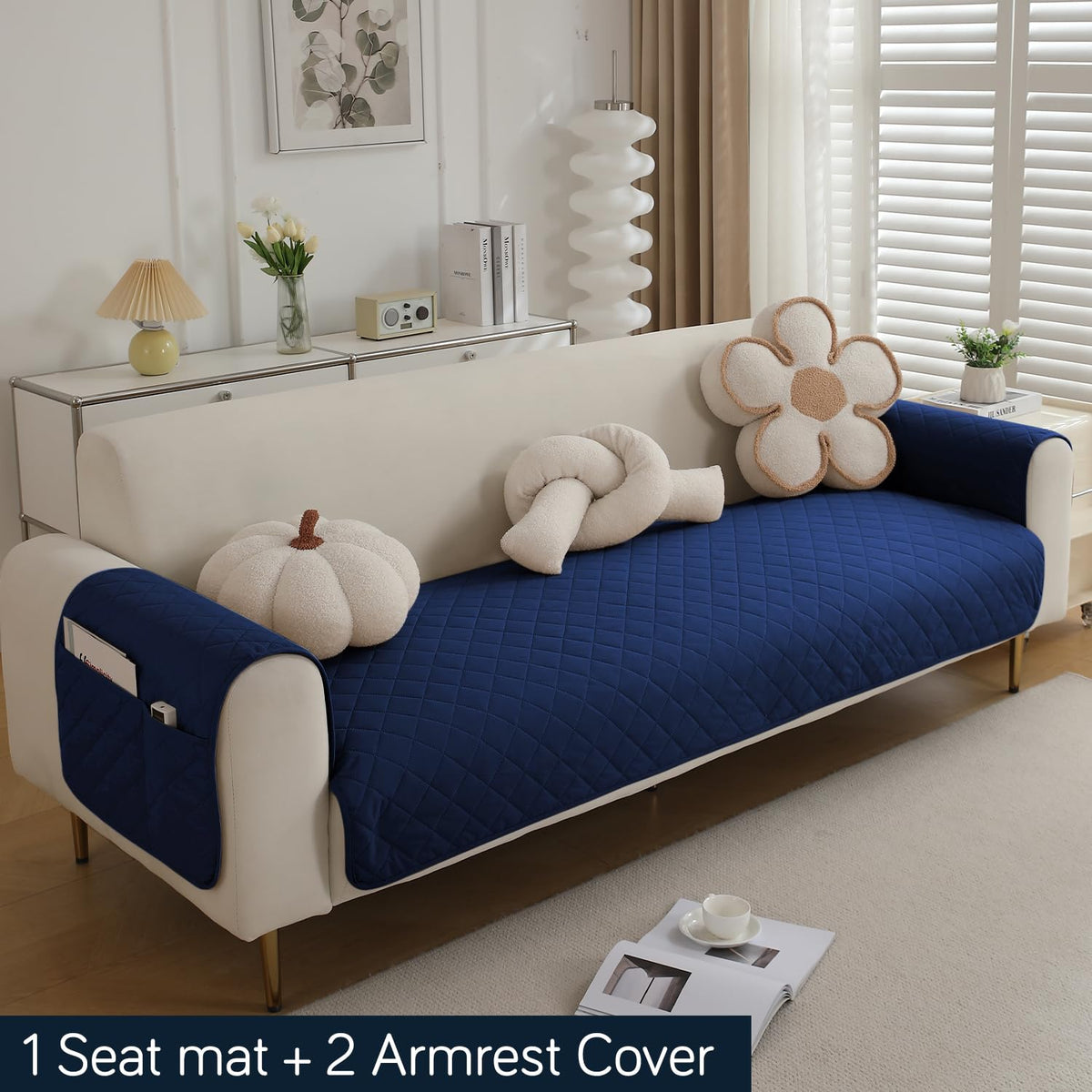 Quilted Waterproof Sofa Seat Mat for 1/2/3 Seater Sofa with 2 Armrest Covers with Pockets, Navy Blue