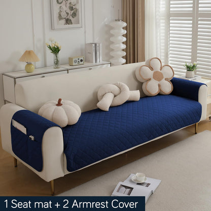 HOKIPO Quilted Waterproof Sofa Seat Mat for 1/2/3 Seater Sofa with 2 Armrest Covers with Pockets, Navy Blue