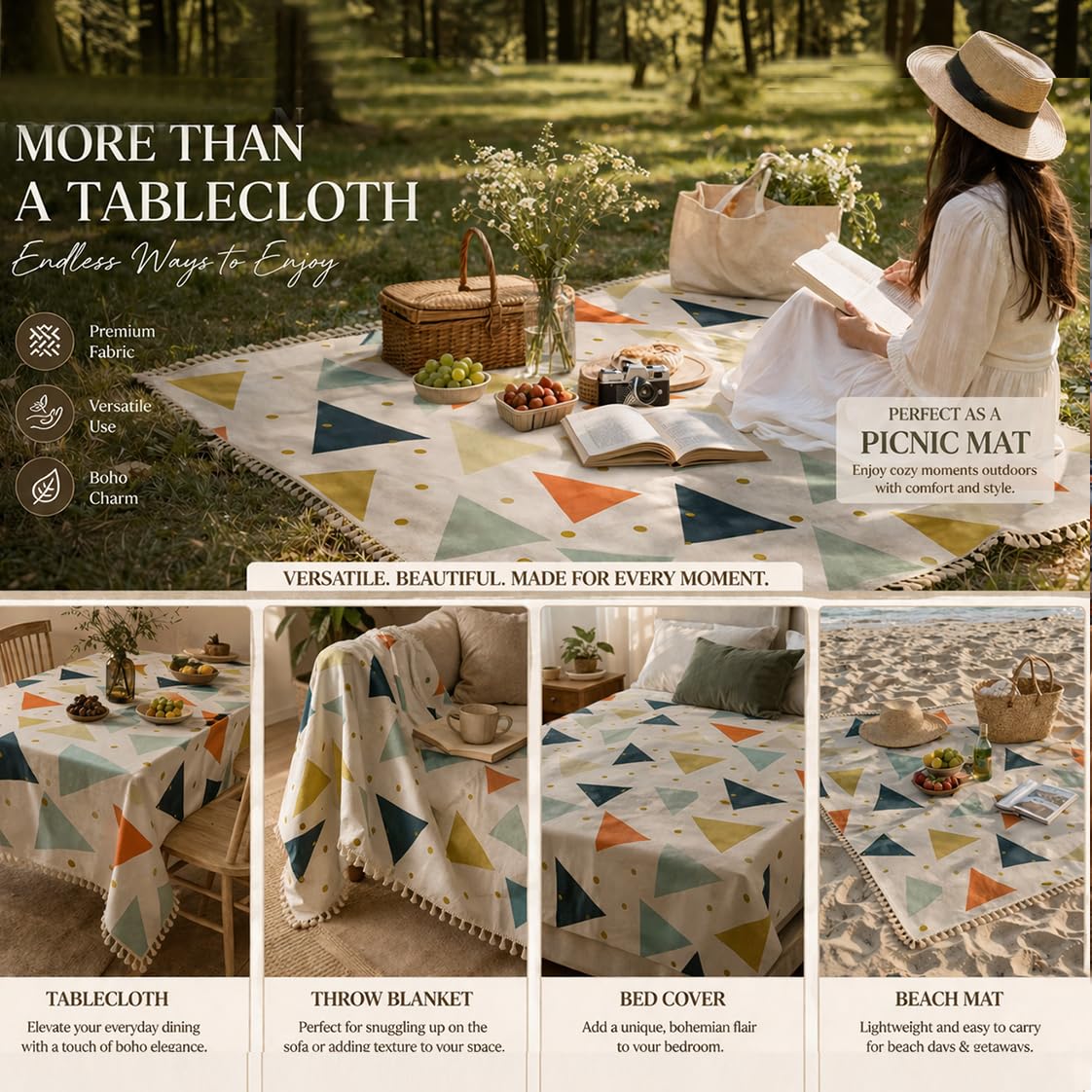 HOKIPO ShieldQuilt Table Cloth with Tassel Edge for 4/6 Seater, Modern Triangle - image 6