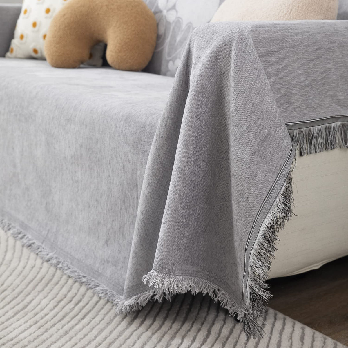 Thick, Soft and Pet Friendly Chenille Sofa Cover Throw, Grey Nature
