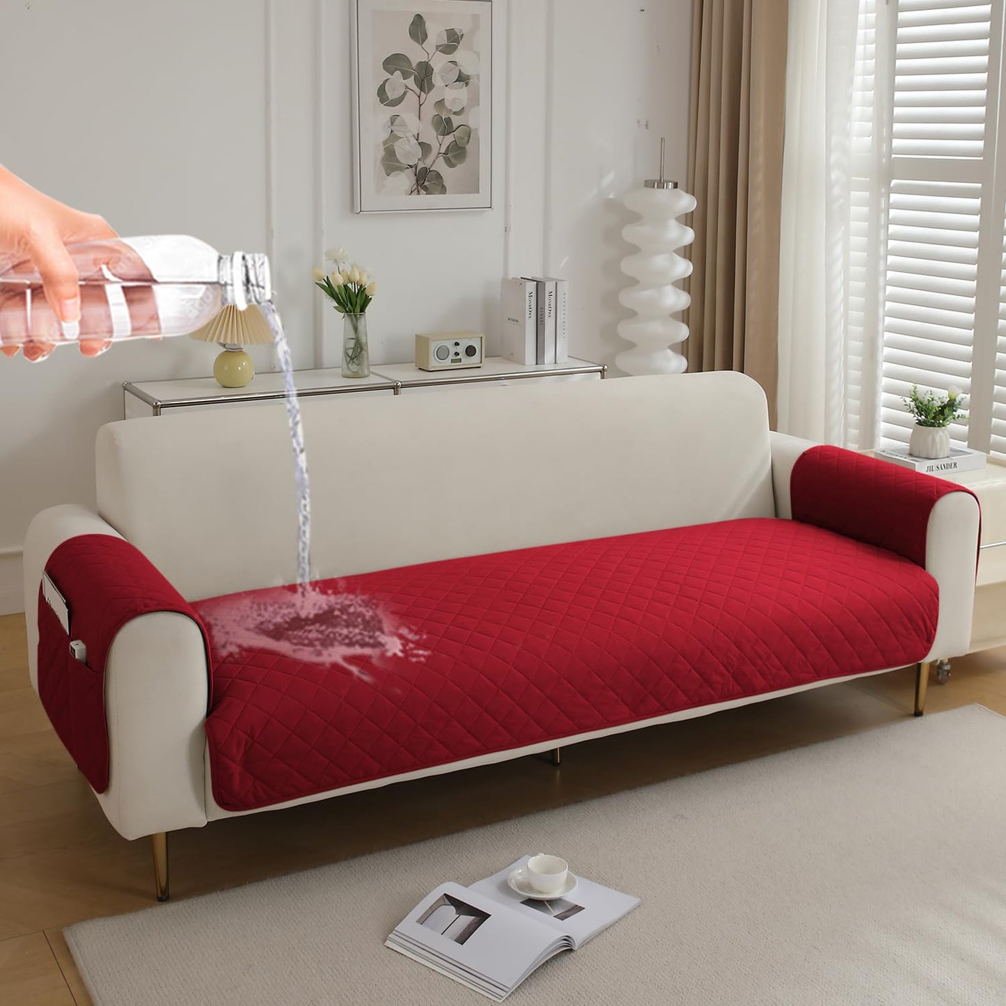 HOKIPO Quilted Waterproof Sofa Seat Mat for 1/2/3 Seater Sofa with 2 Armrest Covers with Pockets, Red