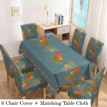Polyester Dining Chair Covers Set of 4/6 with Matching Tablecloth, Ginkgo Blue Storm