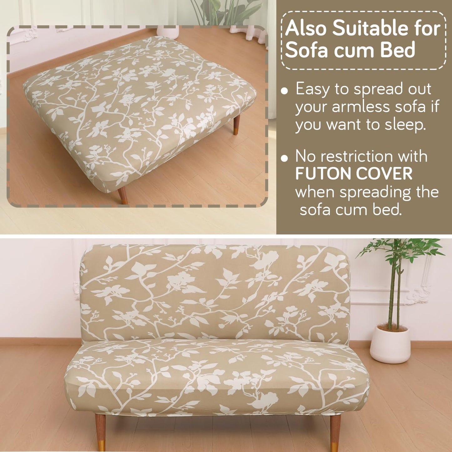 Elira Series Stretchable Elastic Armless Sofa Cover – 140 GSM, Futon Slipcover, Easy Fit, Buff Brown Sillehoute Floral