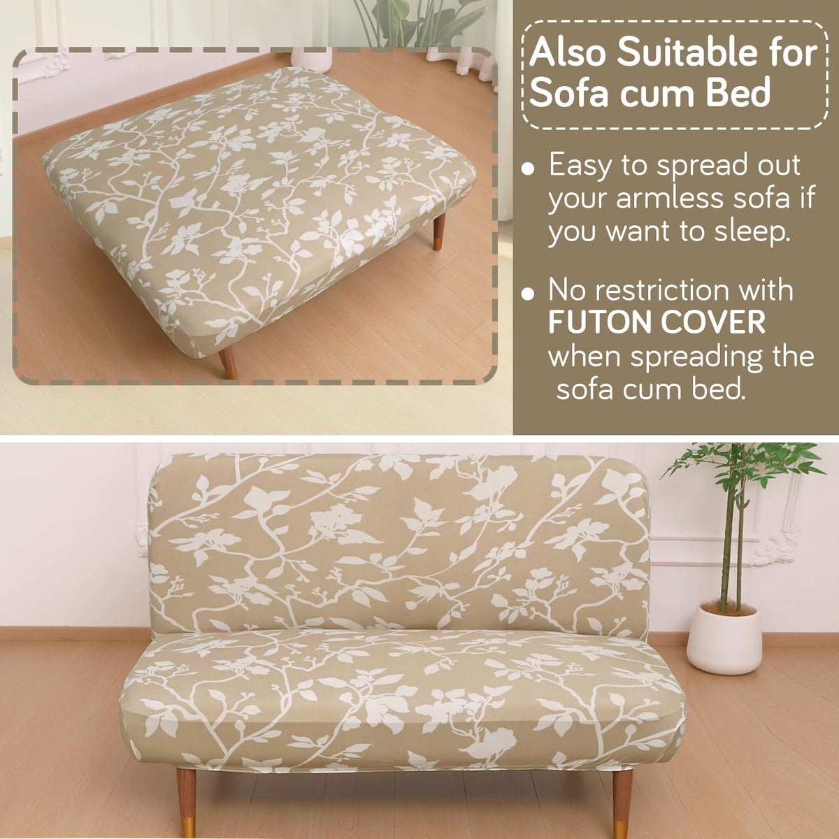Buy Buff Brown Sillehoute Floral Printed Futon Sofa Cover For Sofa Cum Bed In Living Room | HOKIPO