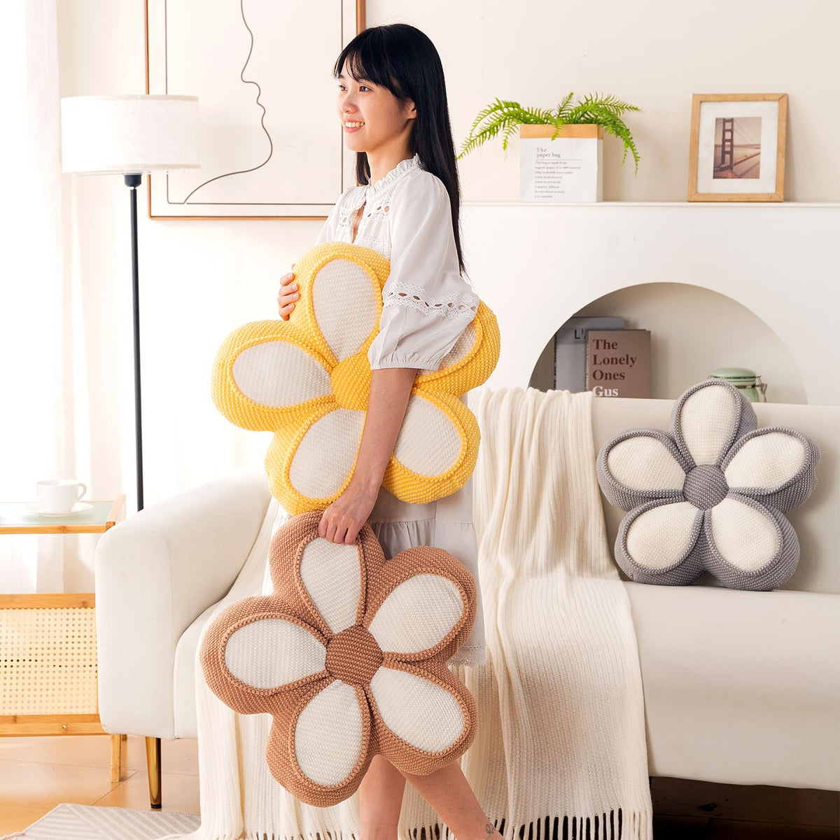 HOKIPO Daisy Petal Flower Cushion for Sofa & Bed, 47 cm, Grey