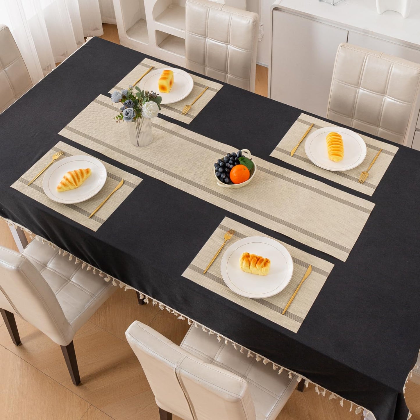 Chevron Stripes PVC Mats for Dining Table - Buttercream Beige