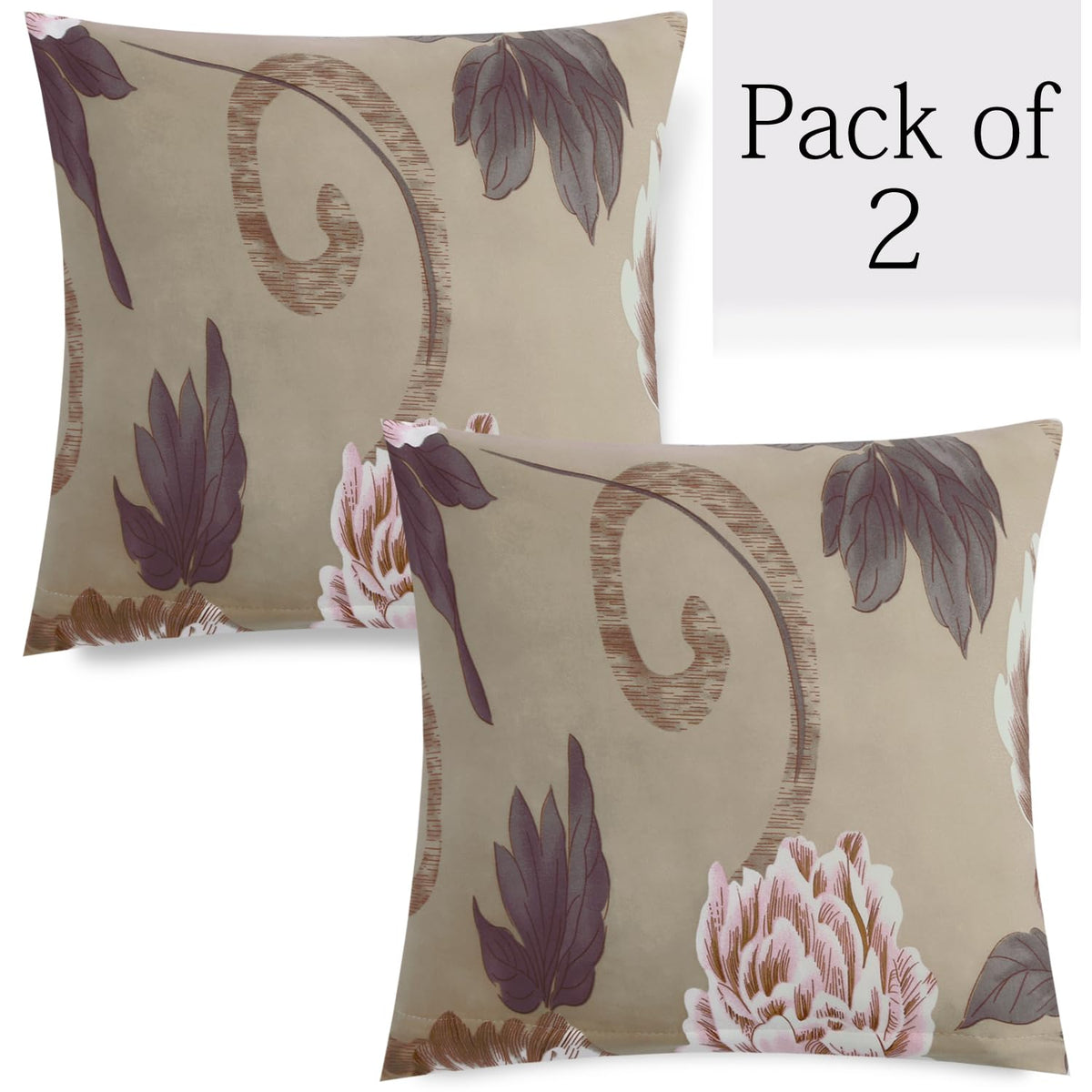 Buff Brown Geum Printed 16 by 16 zippered square sofa cushion covers Set of 2