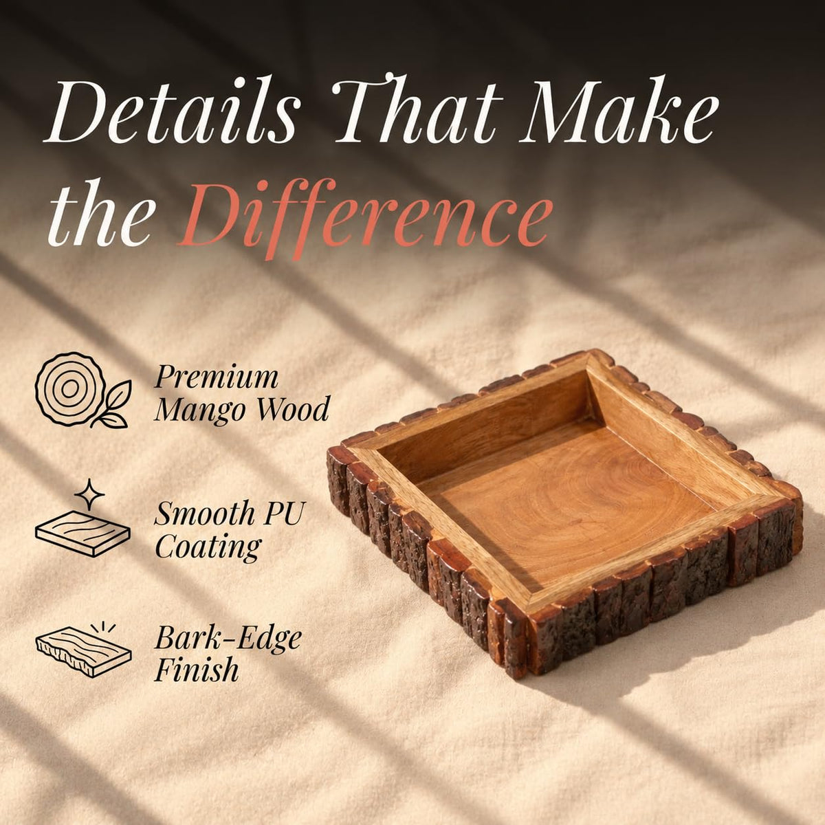 HOKIPO Arbor Mango Wood Serving Tray with Bark Edge, Square 20 x 20 cm - image 3