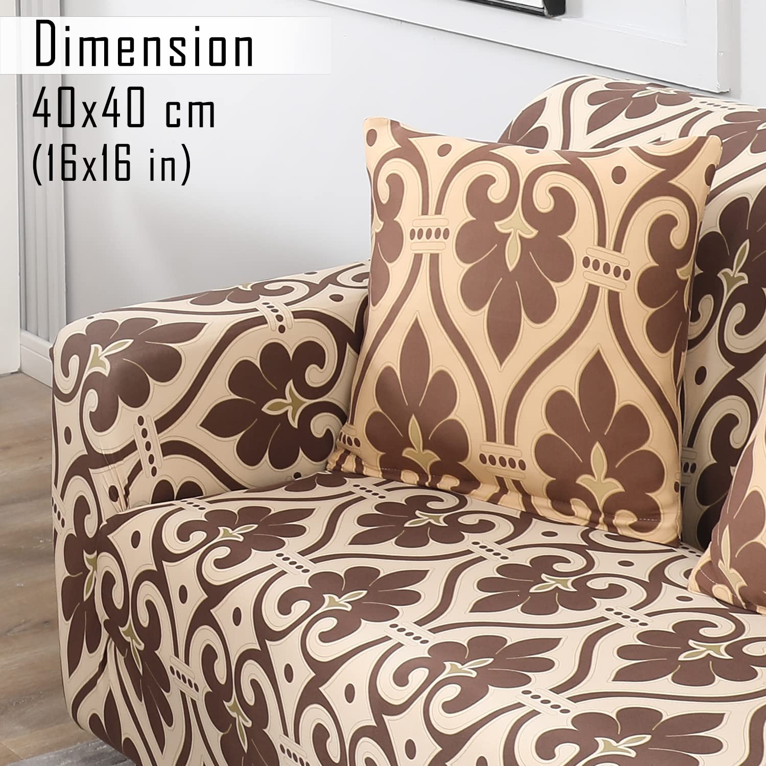 Elastic Stretchable Printed Sofa Cover and Cushion Cover, Beige Damask