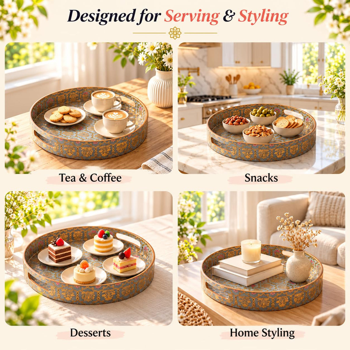 HOKIPO Round Serving Tray 12 in, Engineered Wood, Shahi Gulnaar - image 5