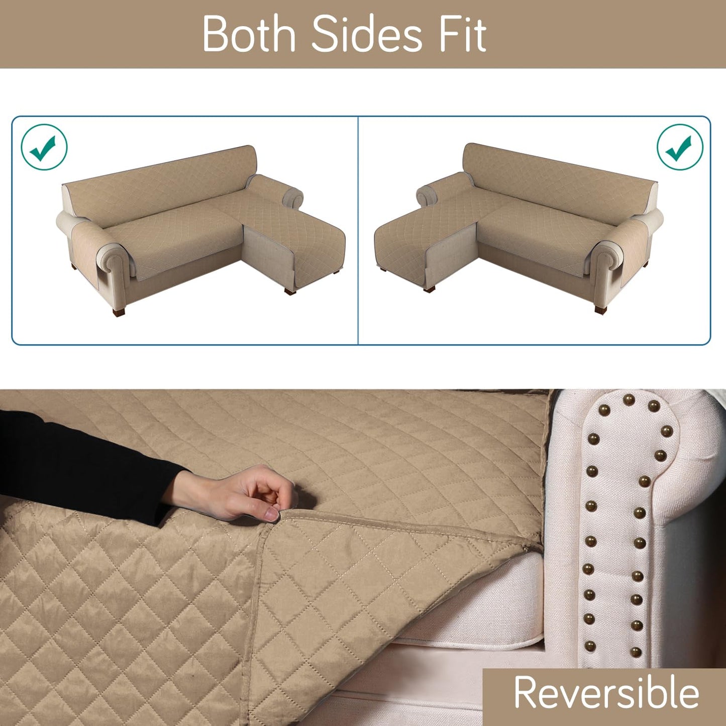 HOKIPO Quilted Reversible One Piece L Shape 4/5/6 Seater Sofa Cover Mat, Camel