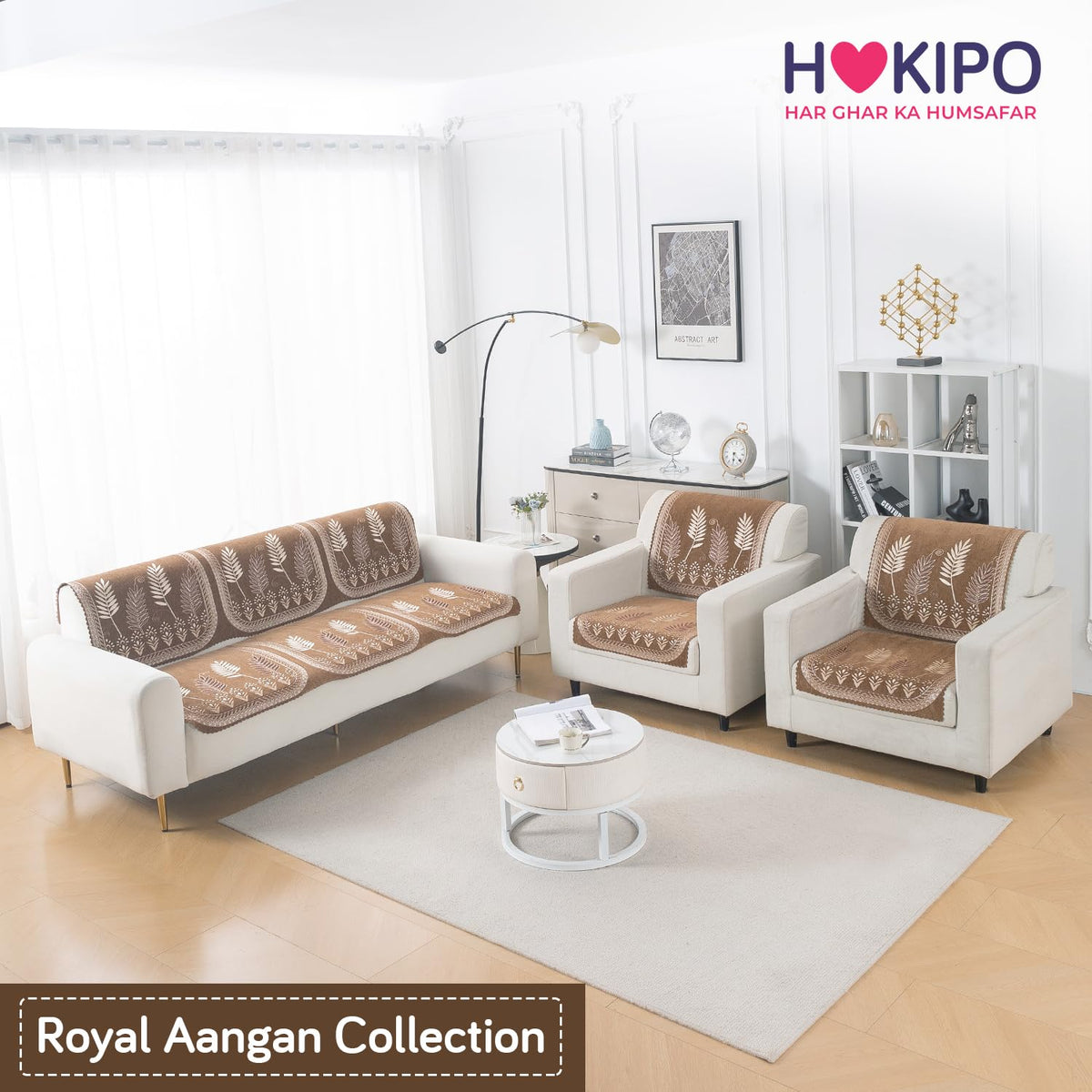 Royal Aangan Premium Chenille Jacquard Sofa Cover 5 Seater Set 3+1+1 Sofa Cover for Seat & Back, Bagh Brown