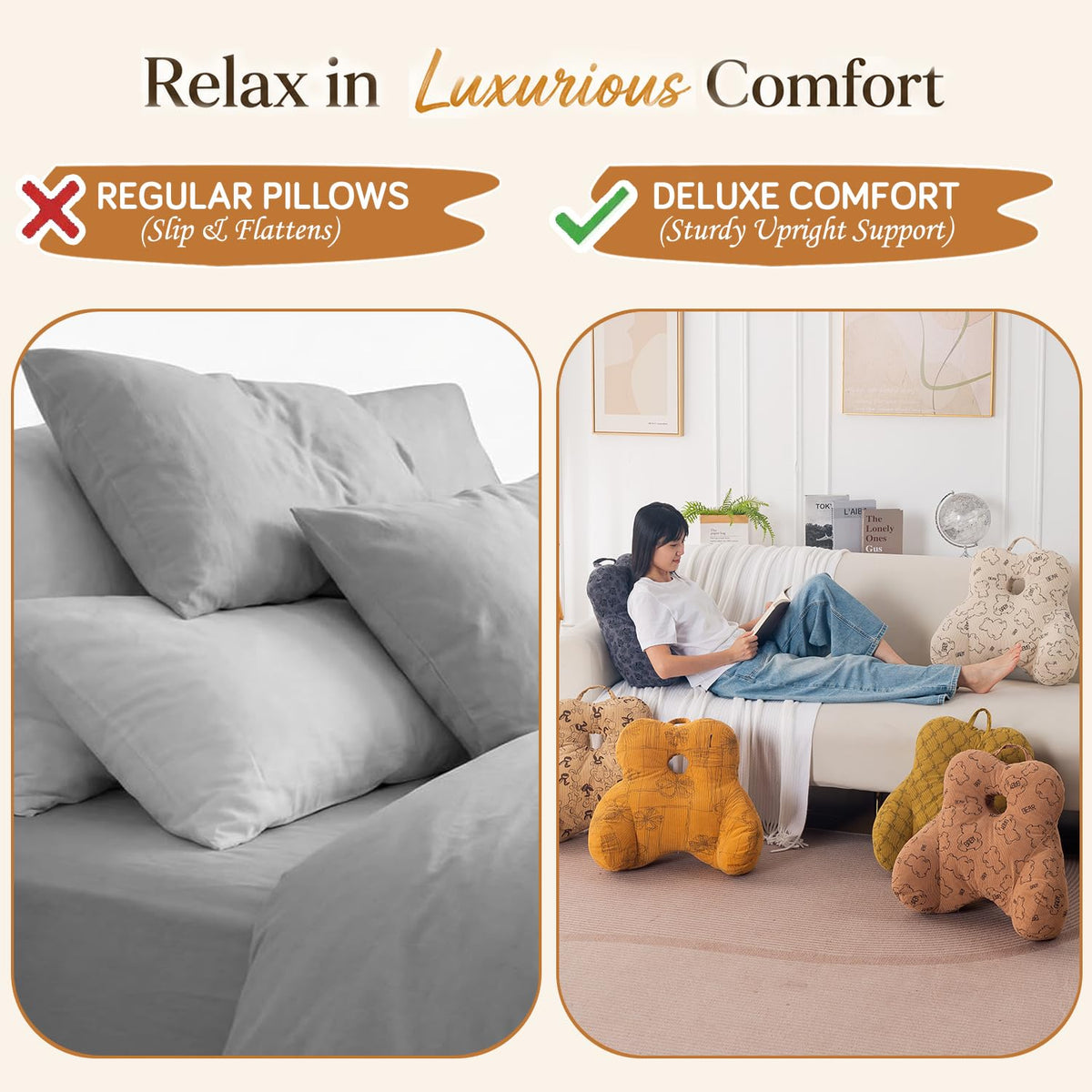 HOKIPO Teddy Lumbar Back Support Cushion for Chair, Sofa & Office, Beige
