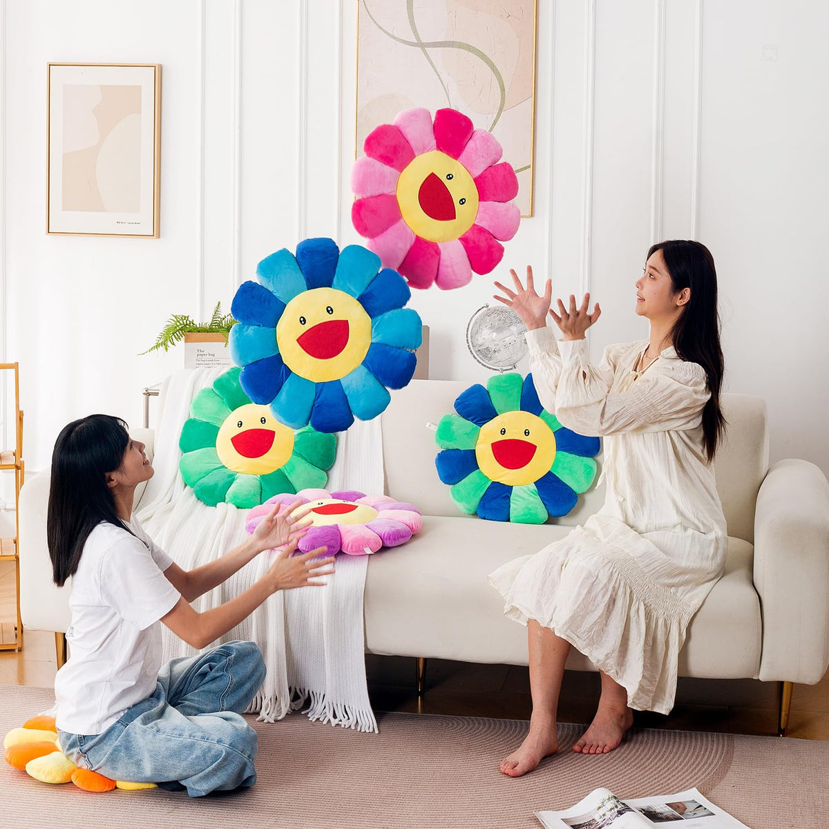 HOKIPO Smiley Sunflower Cushion for Sofa & Bed, 45 cm, Blue