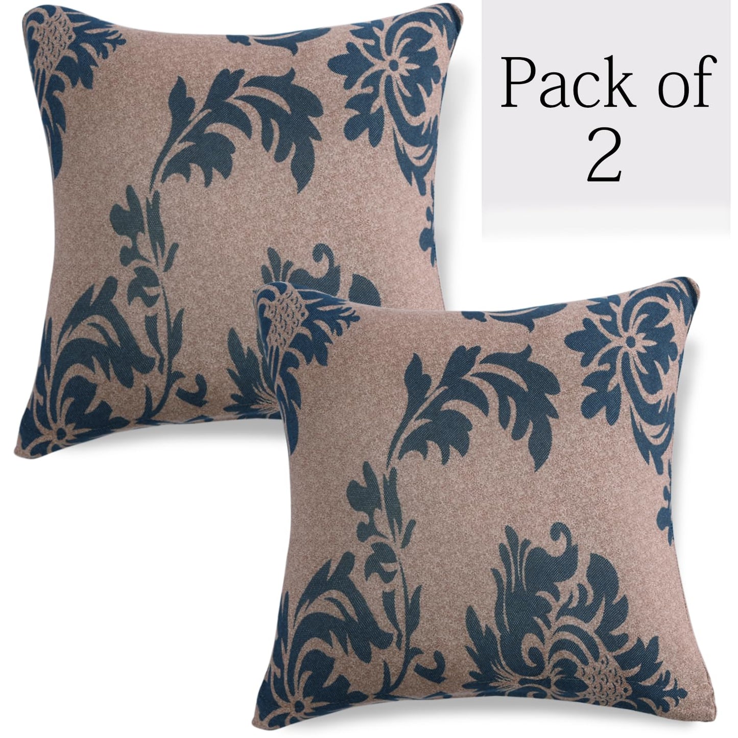 HOKIPO Stretchable Pack of 2 Cushion Cover 16x16, Light Coffee Lotus Damask