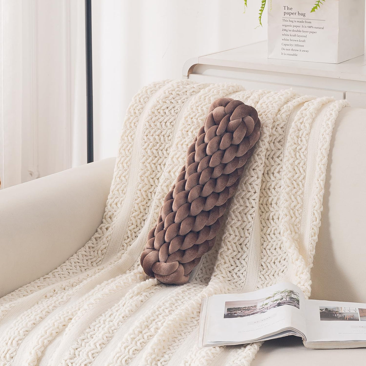HOKIPO Braided Knot Bolster Cushion for Sofa, Chair & Bed, 45 cm, Brown