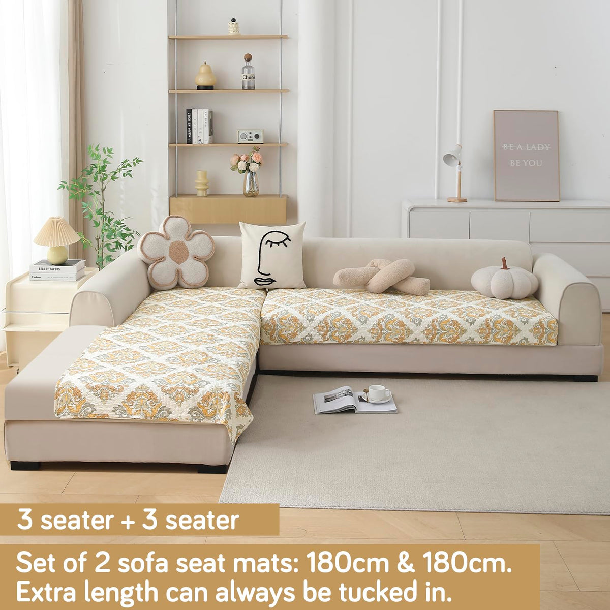 Quilted Printed L Shape Sofa Cover Mat for 2+2/3+2/3+3 Seater, Damask Beige